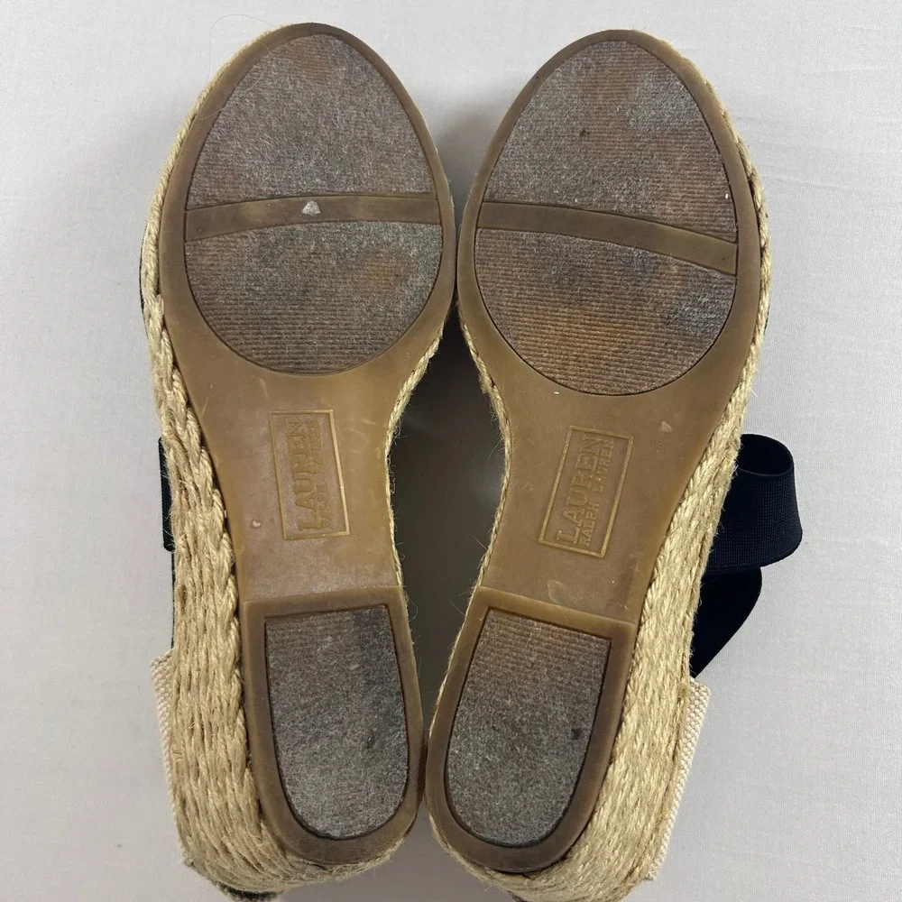 Lauren Ralph Lauren Wedge Sandals Women 8.5 Black Elastic Cross Strap Espadrille